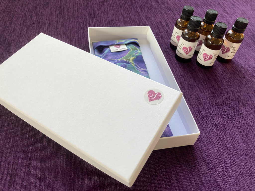 Lavender eye pillow gift set on purple background, part of older ladies nightwear collection