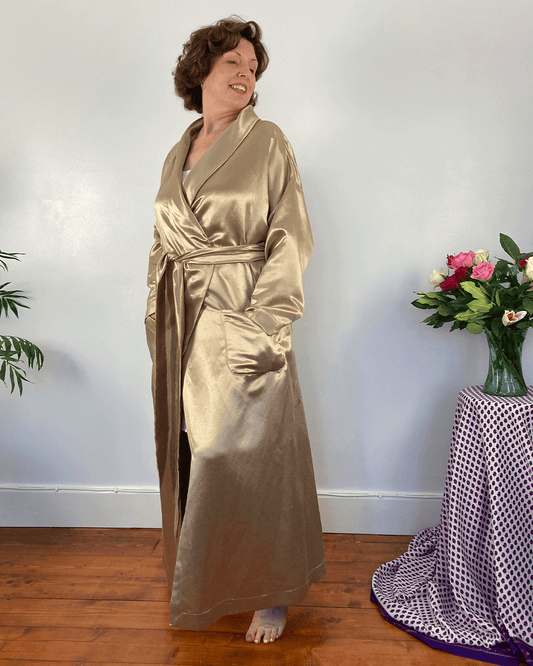 Women in long length golden wrap - helps with ways to reduce hot flashes to reduce hormones for menopause