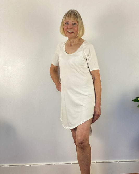 Model is a size 10 and wearing the small tee-nightie in organic cotton/bamboo mix - if you're keen to avoid hormones for menopause and medicine for hot flushes this can help